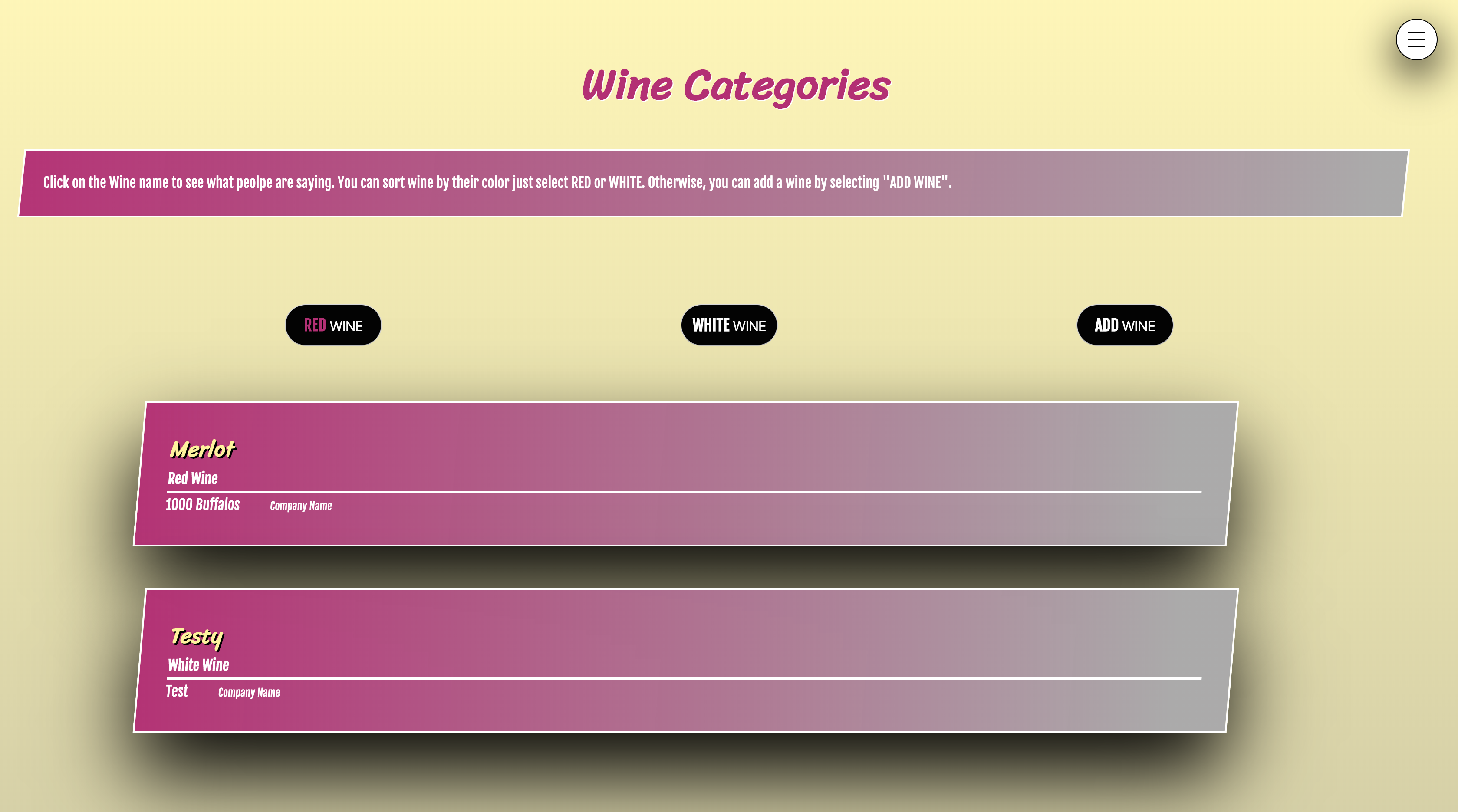 list of all wines in database